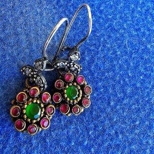 Vintage Sterling  Silver Sapphire Emerald Statement  Dangle Earnings